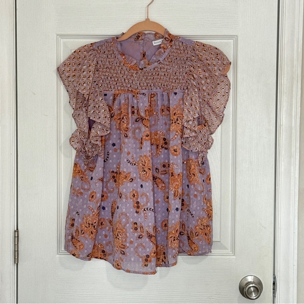 Floral Ruffle Sleeve Blouse - Purple and Orange